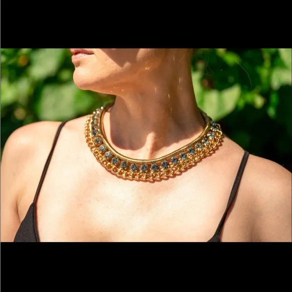 Peep Toe Statement Choker in Metallic Gold and Light Blue - Picture 3 of 6